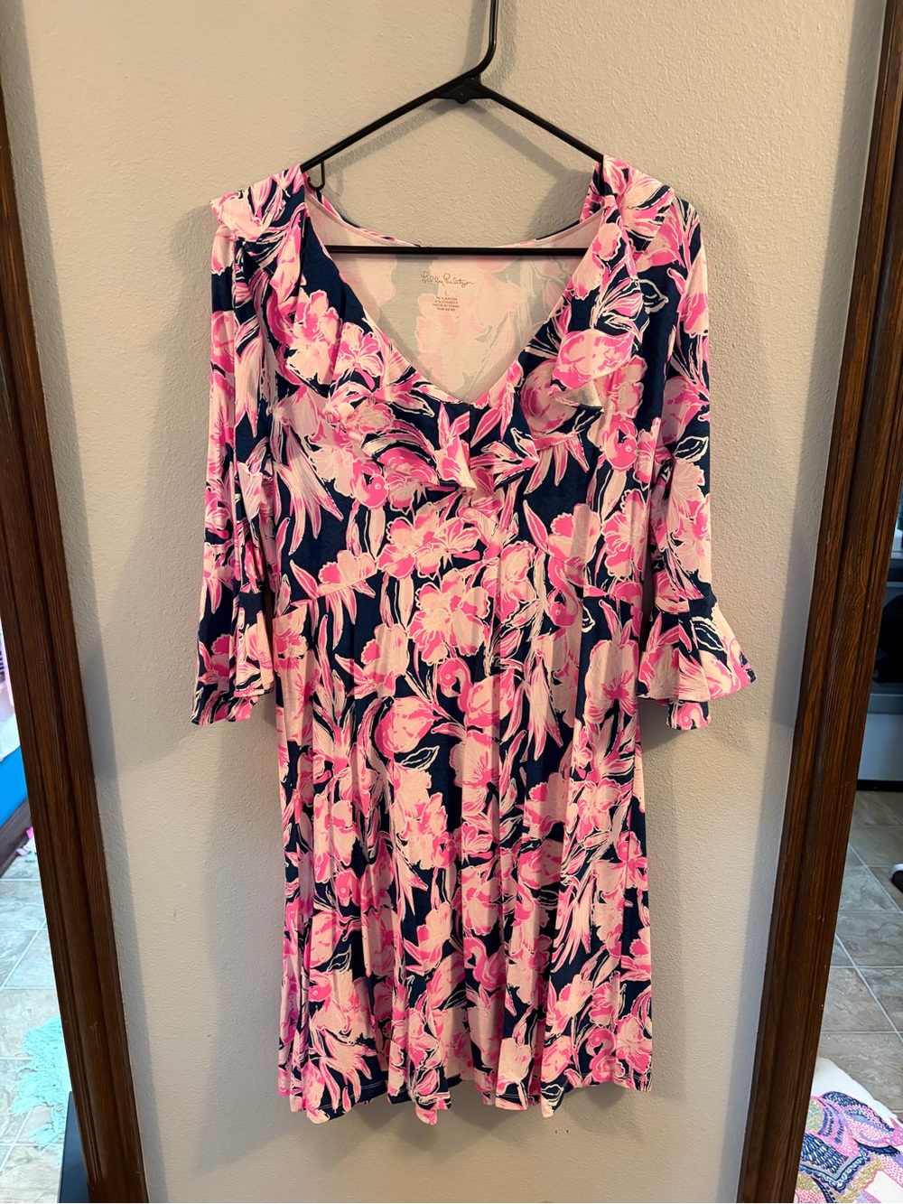 Lilly Pulitzer Navy and Pink Floral V-Neck Swing Dress